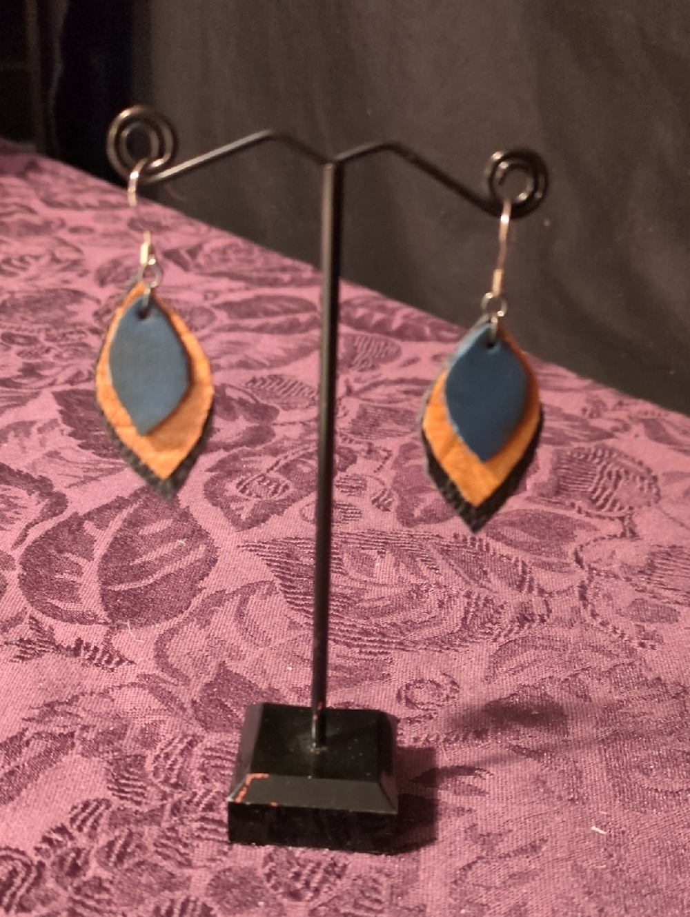 Handmade Genuine Leather Blue Tan Black Layered Leaf Drop Earrings